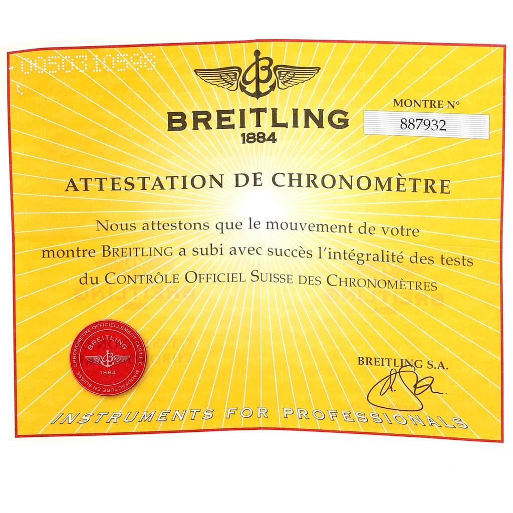 This image shows a Breitling B71340 Women's Steel and Gold (two tone) Mother of Pearl Dial B71340 Women's Steel and Gold (two tone) Mother of Pearl Dial Attestation de Chronomètre certificate for the Starliner Steel Yellow Gold MOP Diamond Ladies Watch B71340 model.