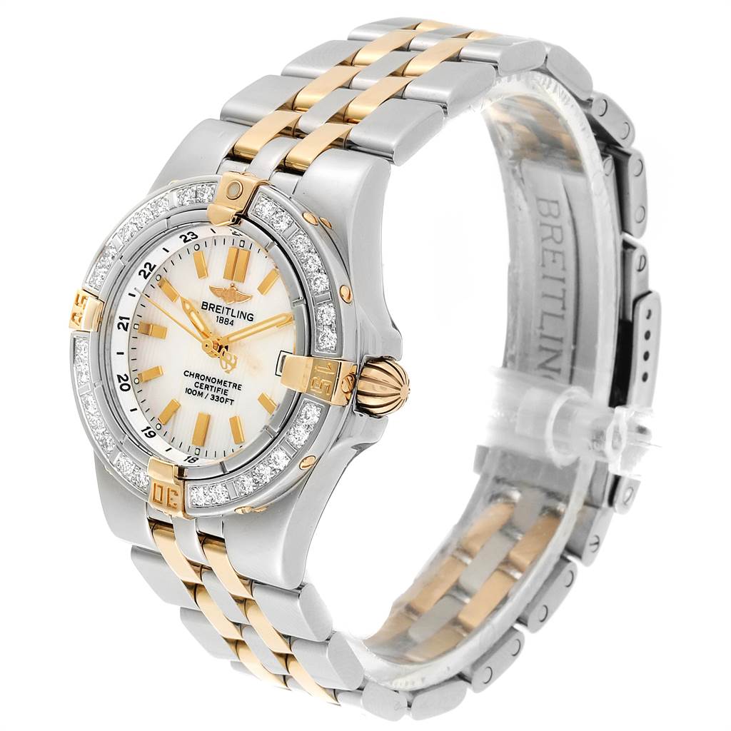 The image shows a side view of a Breitling B71340 Women's Steel and Gold (two tone) Mother of Pearl Dial B71340 Women's Steel and Gold (two tone) Mother of Pearl Dial Starliner Steel Yellow Gold MOP Diamond Ladies Watch B71340, highlighting the face and band.