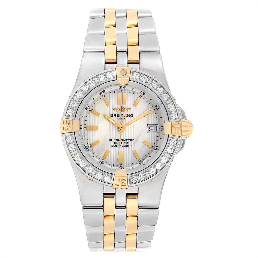 This image shows the front view of the Breitling B71340 Women's Steel and Gold (two tone) Mother of Pearl Dial B71340 Women's Steel and Gold (two tone) Mother of Pearl Dial Starliner Steel Yellow Gold MOP Diamond Ladies Watch model B71340.