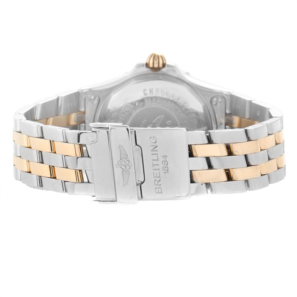 The image shows the back view of the Breitling B71340 Women's Steel and Gold (two tone) Mother of Pearl Dial B71340 Women's Steel and Gold (two tone) Mother of Pearl Dial Starliner Steel Yellow Gold MOP Diamond Ladies Watch B71340, highlighting the clasp and bracelet.