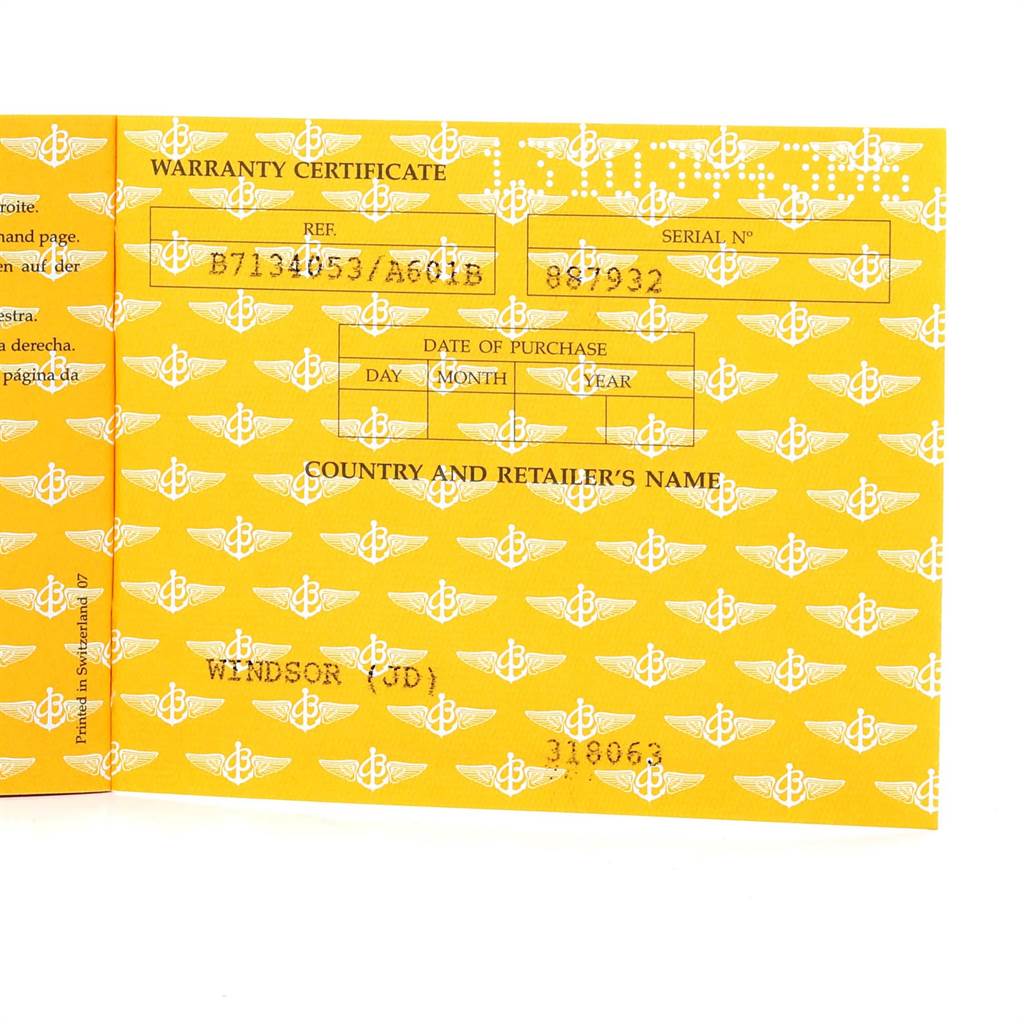 This image shows the warranty certificate for a Breitling B71340 Women's Steel and Gold (two tone) Mother of Pearl Dial B71340 Women's Steel and Gold (two tone) Mother of Pearl Dial Starliner Steel Yellow Gold MOP Diamond Ladies Watch model B71340.