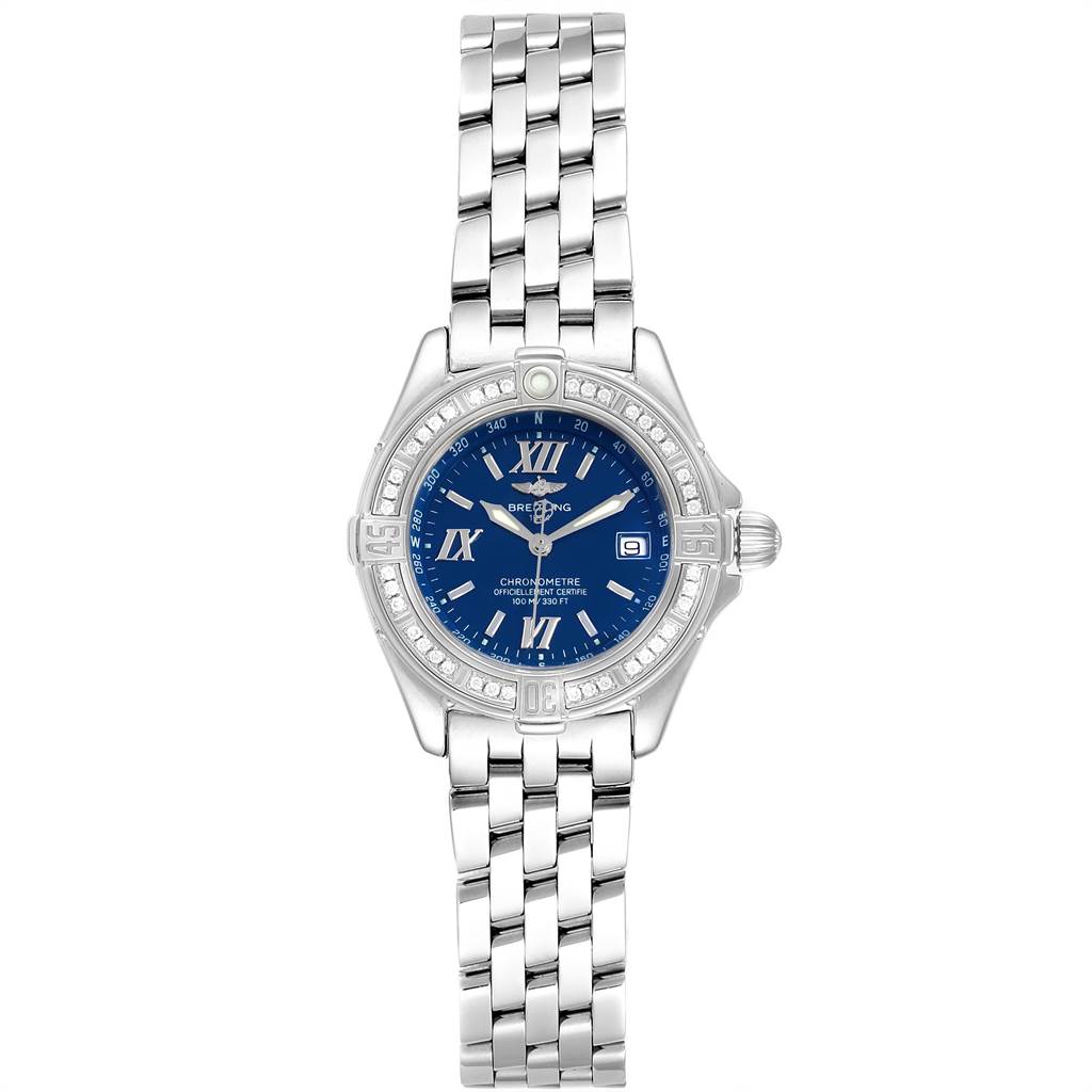 The image shows a front view of the Breitling A67365 Women's Stainless Steel Blue Dial A67365 Women's Stainless Steel Blue Dial Windrider Cockpit Blue Dial Diamond Ladies Watch model A67365.