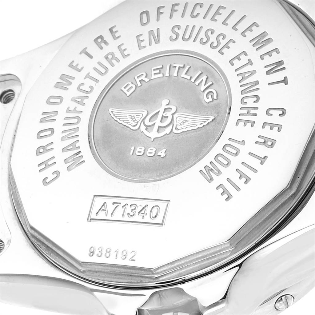 This is the rear view of the Breitling A71340 Women's Stainless Steel Mother of Pearl Dial A71340 Women's Stainless Steel Mother of Pearl Dial Starliner Blue MOP Diamonds Ladies Watch A71340, showing the engraved case back.