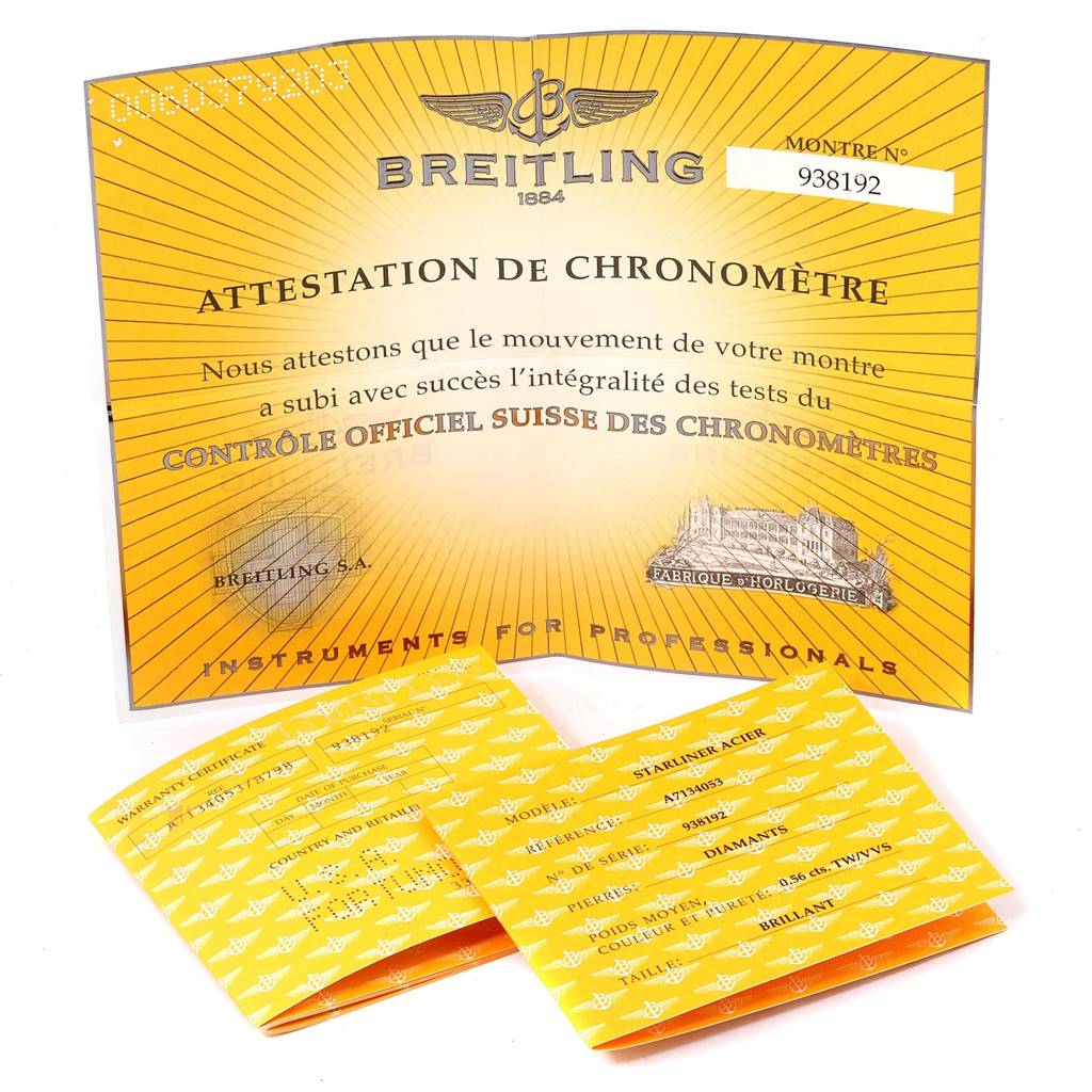 The image shows certification documents for the Breitling A71340 Women's Stainless Steel Mother of Pearl Dial A71340 Women's Stainless Steel Mother of Pearl Dial Starliner Blue MOP Diamonds Ladies Watch A71340, including papers and booklets.