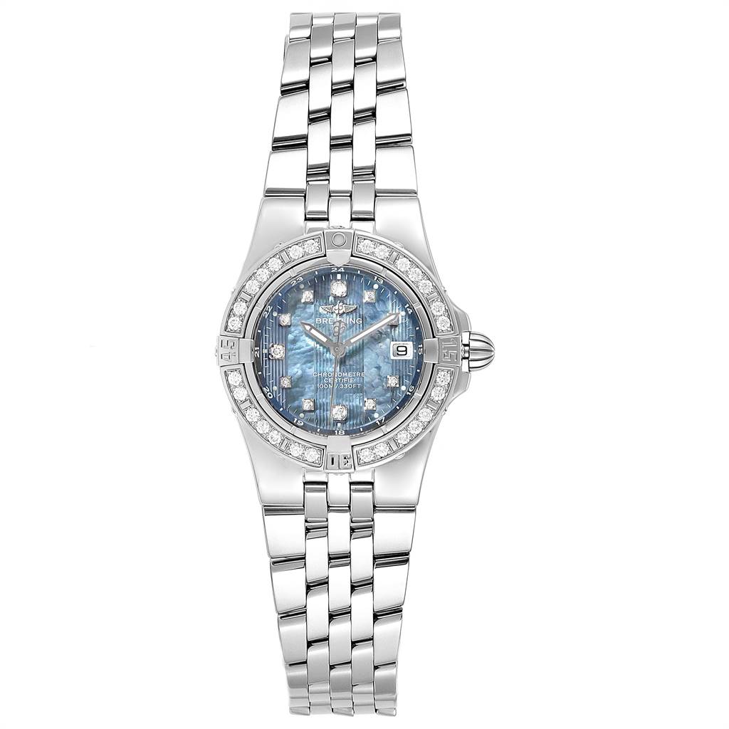The image shows a Breitling A71340 Women's Stainless Steel Mother of Pearl Dial A71340 Women's Stainless Steel Mother of Pearl Dial Starliner Blue MOP Diamonds Ladies Watch A71340, viewed from the front, displaying the face and bracelet.