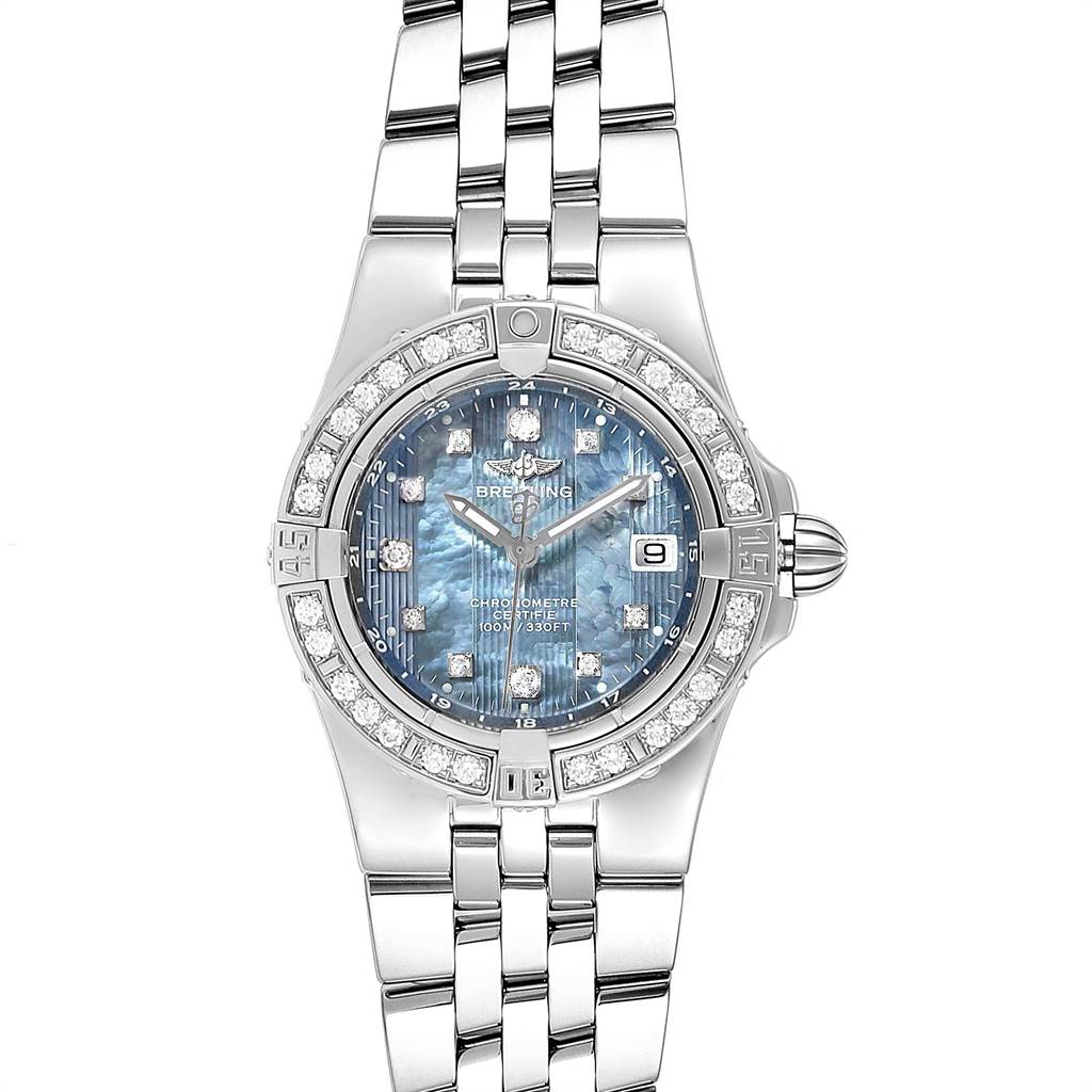 The image shows a front view of the Breitling A71340 Women's Stainless Steel Mother of Pearl Dial A71340 Women's Stainless Steel Mother of Pearl Dial Starliner Blue MOP Diamonds Ladies Watch A71340, featuring its face and bracelet.