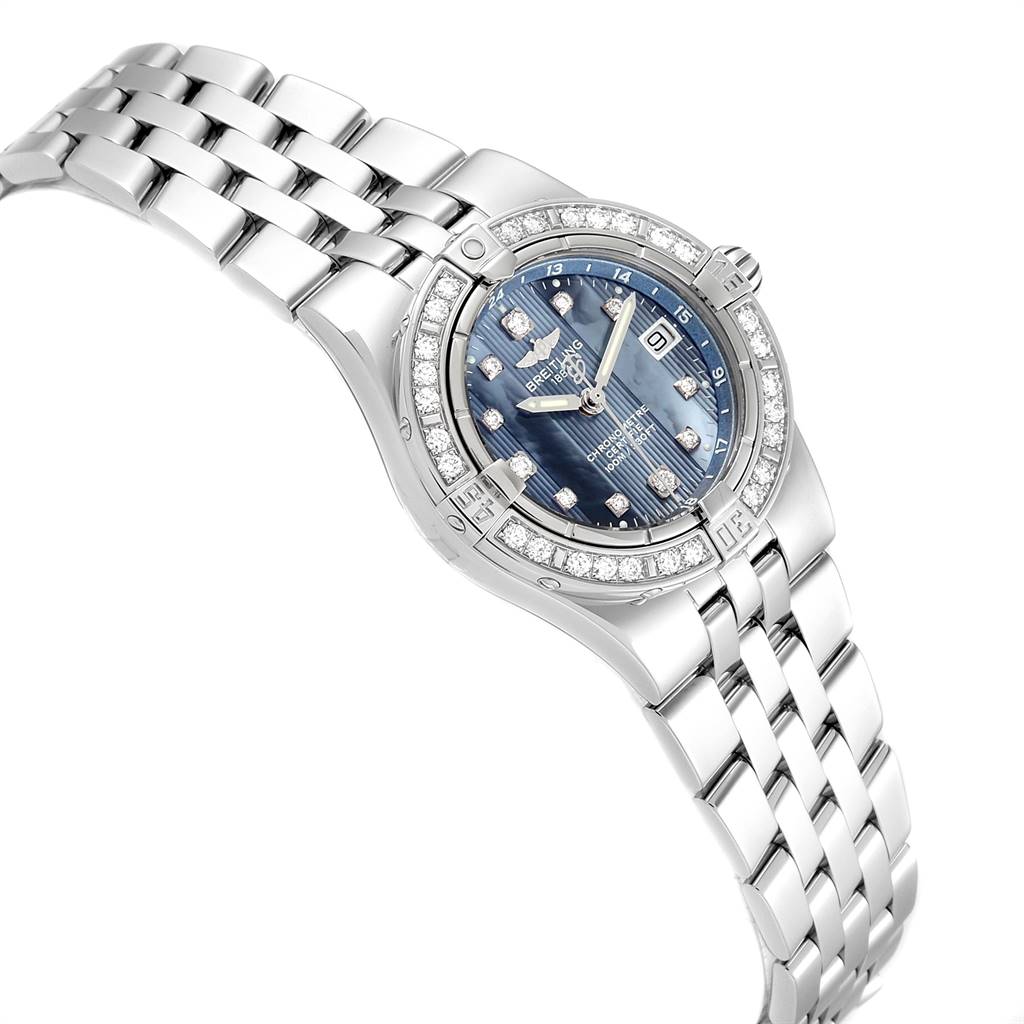 This image shows the face and bracelet of the Breitling A71340 Women's Stainless Steel Mother of Pearl Dial A71340 Women's Stainless Steel Mother of Pearl Dial Starliner Blue MOP Diamonds Ladies Watch A71340 at an angle.