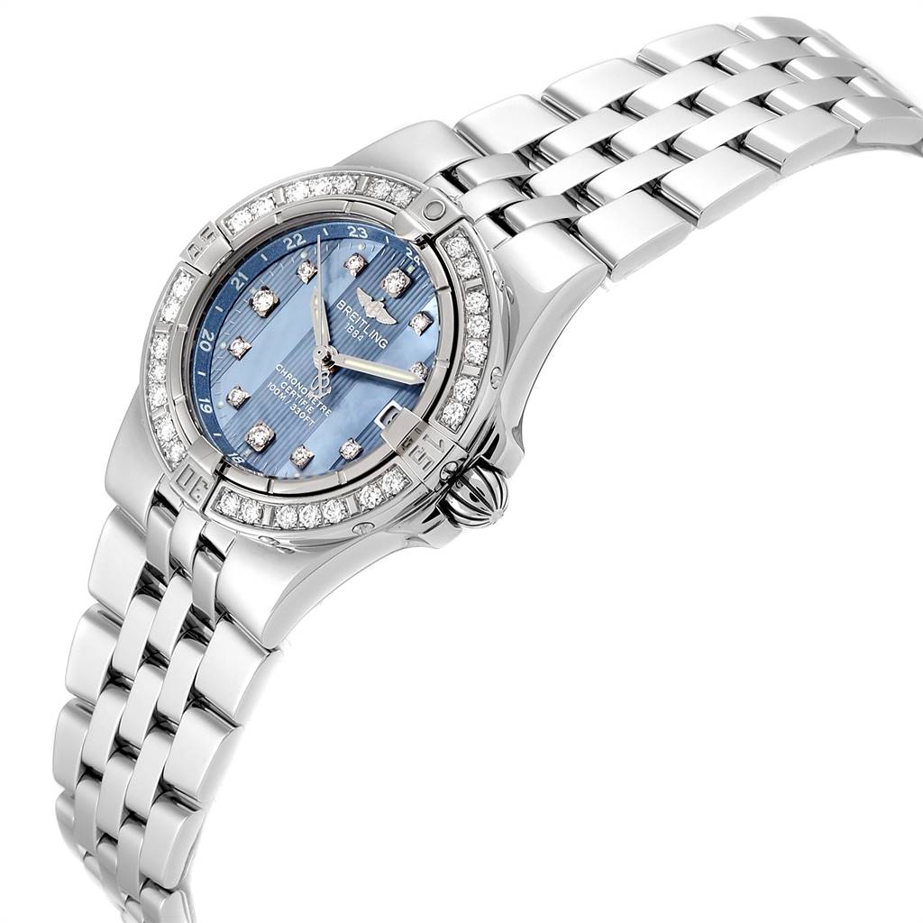 The image shows a Breitling A71340 Women's Stainless Steel Mother of Pearl Dial A71340 Women's Stainless Steel Mother of Pearl Dial Starliner Blue MOP Diamonds Ladies Watch A71340 at an angle highlighting the face, bezel, and bracelet.