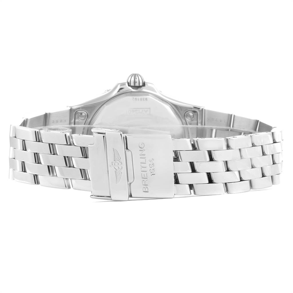 The image shows the back view of a Breitling A71340 Women's Stainless Steel Mother of Pearl Dial A71340 Women's Stainless Steel Mother of Pearl Dial Starliner Blue MOP Diamonds Ladies Watch A71340, focusing on the clasp and bracelet.