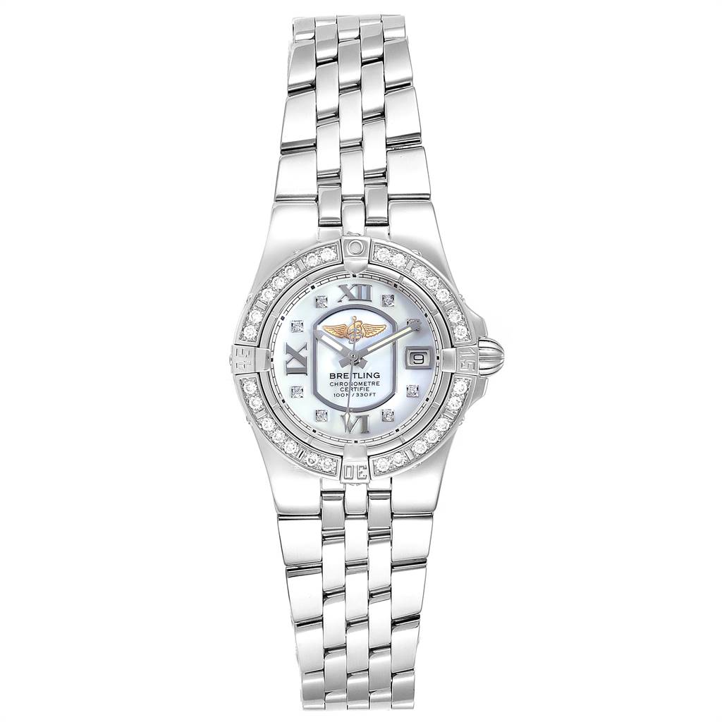 The image shows a front view of a Breitling A71340 Women's Stainless Steel Mother of Pearl Dial A71340 Women's Stainless Steel Mother of Pearl Dial Starliner 30mm Mother of Pearl Diamond Ladies Watch A71340, displaying its dial and bracelet.