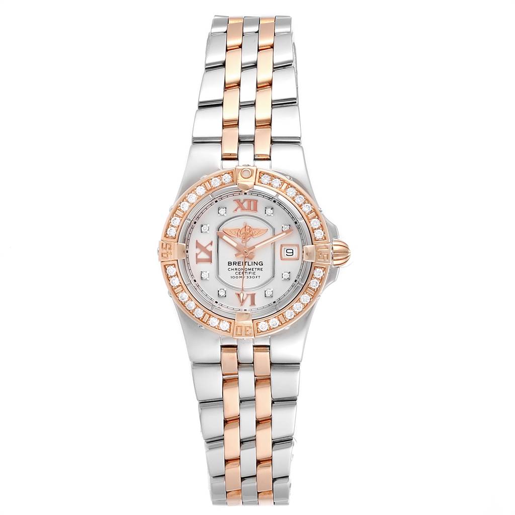 The image shows a front view of the Breitling C71340 Women's Steel and Gold (two tone) Silver Dial C71340 Women's Steel and Gold (two tone) Silver Dial Galactic 30 Steel Rose Gold Diamond Women's Watch C71340, highlighting its face and bracelet.