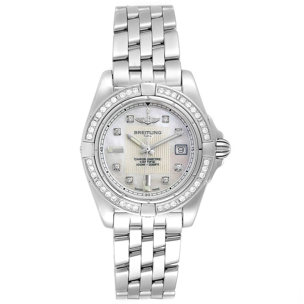 The image shows a front-facing view of the Breitling A71356 Women's Stainless Steel Mother of Pearl Dial A71356 Women's Stainless Steel Mother of Pearl Dial Cockpit Mother of Pearl Diamond Ladies Watch A71356, including the bezel, face, and bracelet.