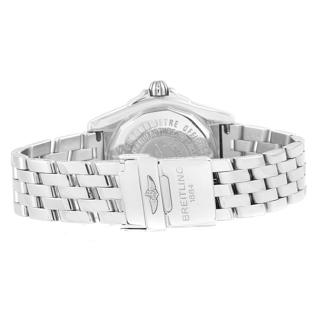 The image shows the back and clasp of the Breitling A71356 Women's Stainless Steel Mother of Pearl Dial A71356 Women's Stainless Steel Mother of Pearl Dial Cockpit Mother of Pearl Diamond Ladies Watch A71356, highlighting the bracelet and case back.
