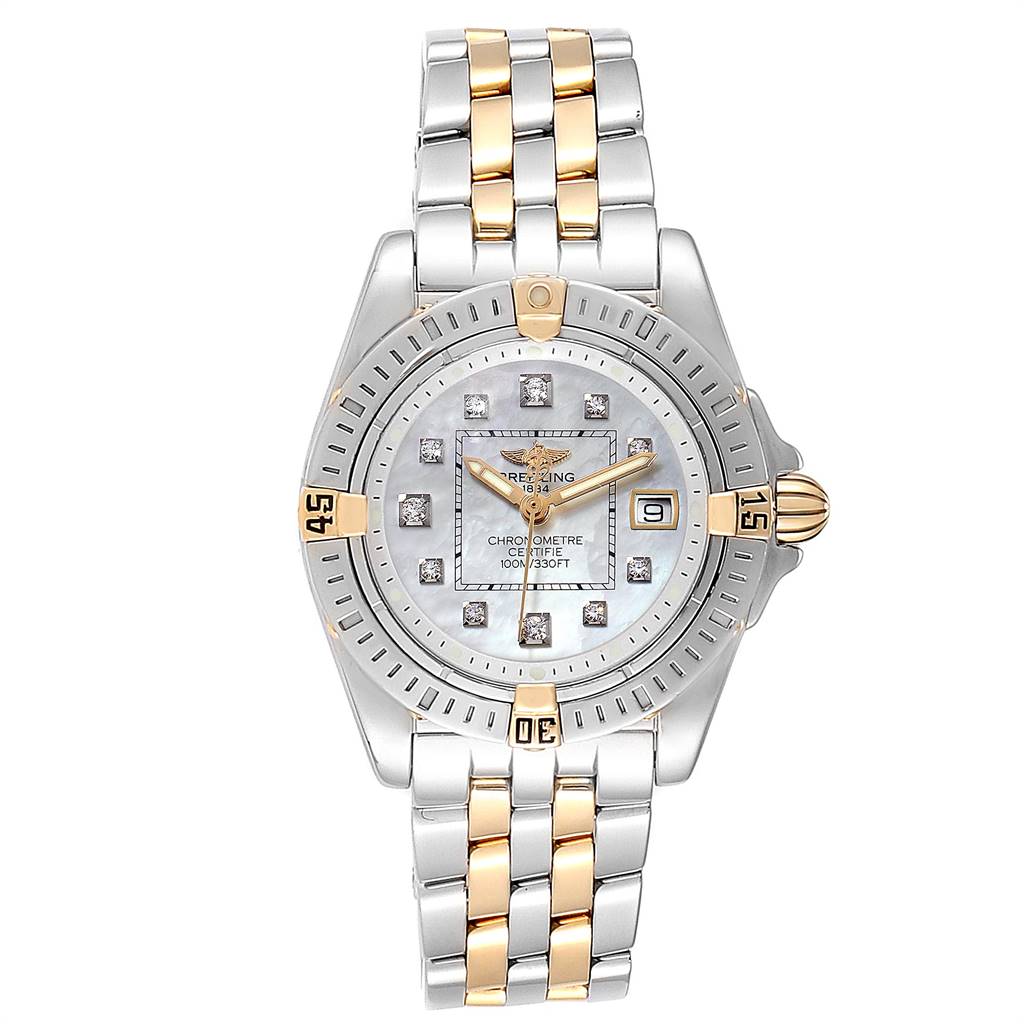 This image shows a full front view of the Breitling B71356 Women's Steel and Gold (two tone) Mother of Pearl Dial B71356 Women's Steel and Gold (two tone) Mother of Pearl Dial Cockpit Steel Yellow Gold Diamond Ladies Watch B71356.