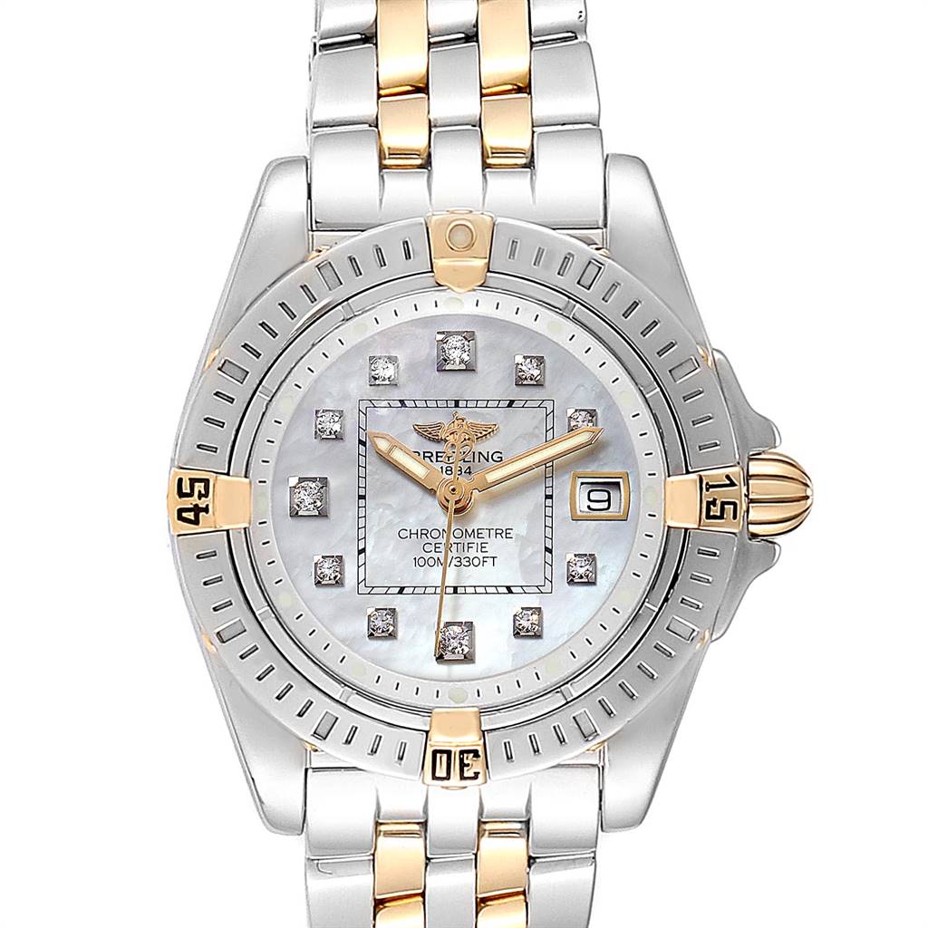 The image shows a front angle view of the Breitling B71356 Women's Steel and Gold (two tone) Mother of Pearl Dial B71356 Women's Steel and Gold (two tone) Mother of Pearl Dial Cockpit Steel Yellow Gold Diamond Ladies Watch B71356, highlighting the dial, bezel, and bracelet.