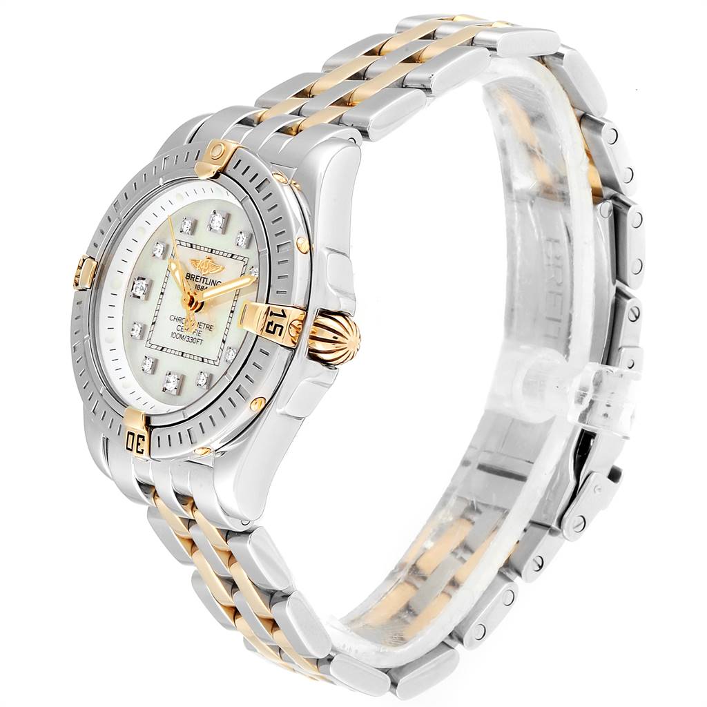 The image shows a side angle view of the Breitling B71356 Women's Steel and Gold (two tone) Mother of Pearl Dial B71356 Women's Steel and Gold (two tone) Mother of Pearl Dial Cockpit Steel Yellow Gold Diamond Ladies Watch B71356, highlighting its bezel, face, and bracelet.