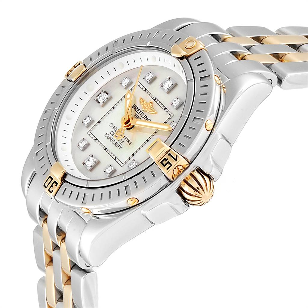 This image shows a close-up angled view of the Breitling B71356 Women's Steel and Gold (two tone) Mother of Pearl Dial B71356 Women's Steel and Gold (two tone) Mother of Pearl Dial Cockpit Steel Yellow Gold Diamond Ladies Watch B71356, displaying its dial and bracelet.