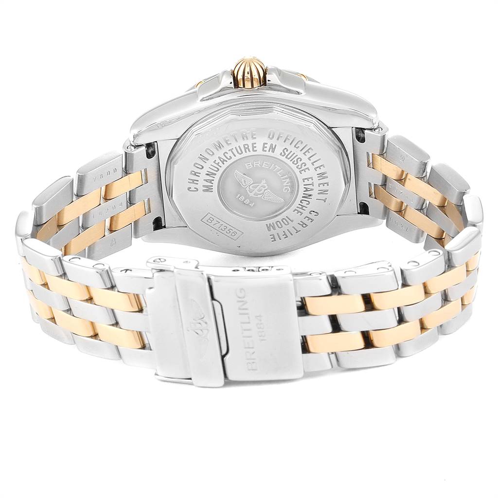 The image shows the back case and bracelet of a Breitling B71356 Women's Steel and Gold (two tone) Mother of Pearl Dial B71356 Women's Steel and Gold (two tone) Mother of Pearl Dial Cockpit Steel Yellow Gold Diamond Ladies Watch B71356 model.