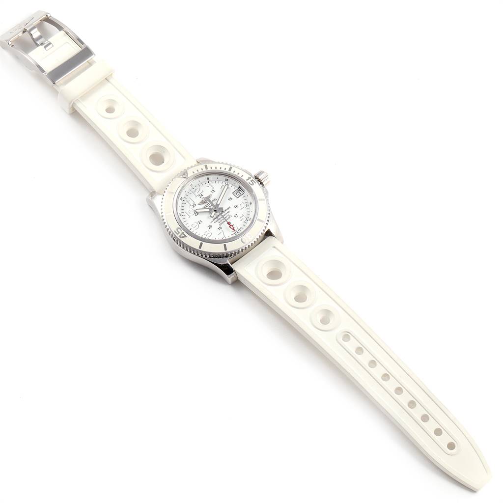 The image shows a top-down view of the Breitling A17312 Women's Stainless Steel White Dial A17312 Women's Stainless Steel White Dial Superocean II 36 Hurricane White Ladies Watch A17312 with both watch face and strap visible.