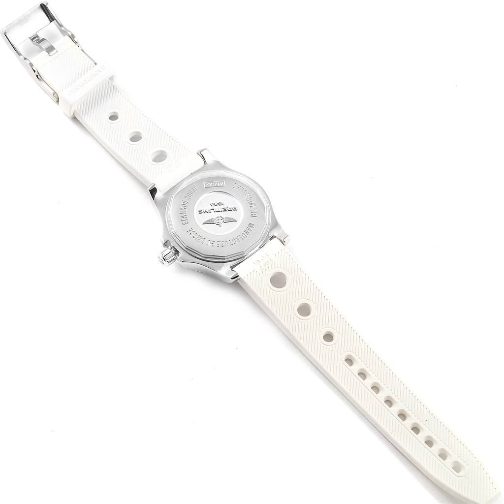 The image shows the back view of a Breitling A17312 Women's Stainless Steel White Dial A17312 Women's Stainless Steel White Dial Superocean II 36 Hurricane White Ladies Watch A17312, displaying the case back and strap.