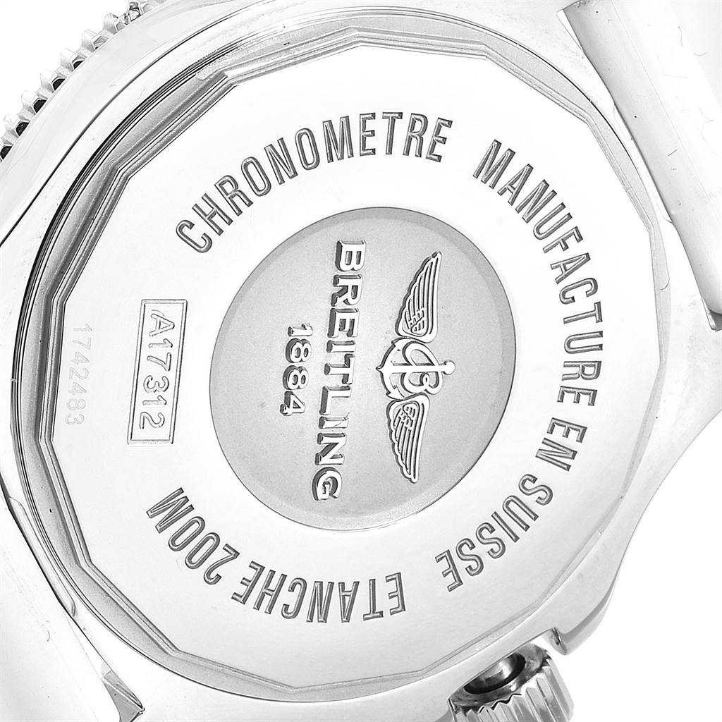 The image shows the back case of the Breitling A17312 Women's Stainless Steel White Dial A17312 Women's Stainless Steel White Dial Superocean II 36 Hurricane White Ladies Watch A17312, including engravings and serial number.