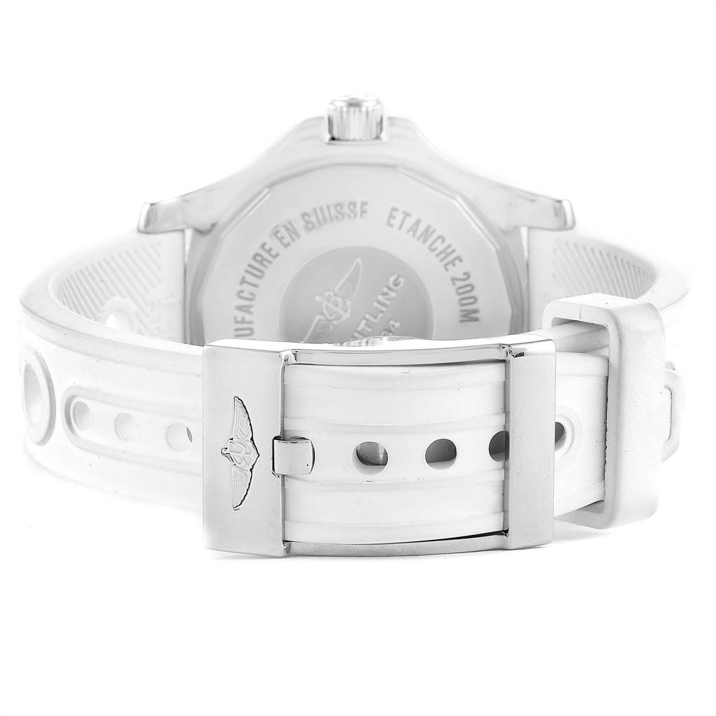 The image shows the back angle of the Breitling A17312 Women's Stainless Steel White Dial A17312 Women's Stainless Steel White Dial Superocean II 36 Hurricane White Ladies Watch A17312, focusing on the clasp and case back.