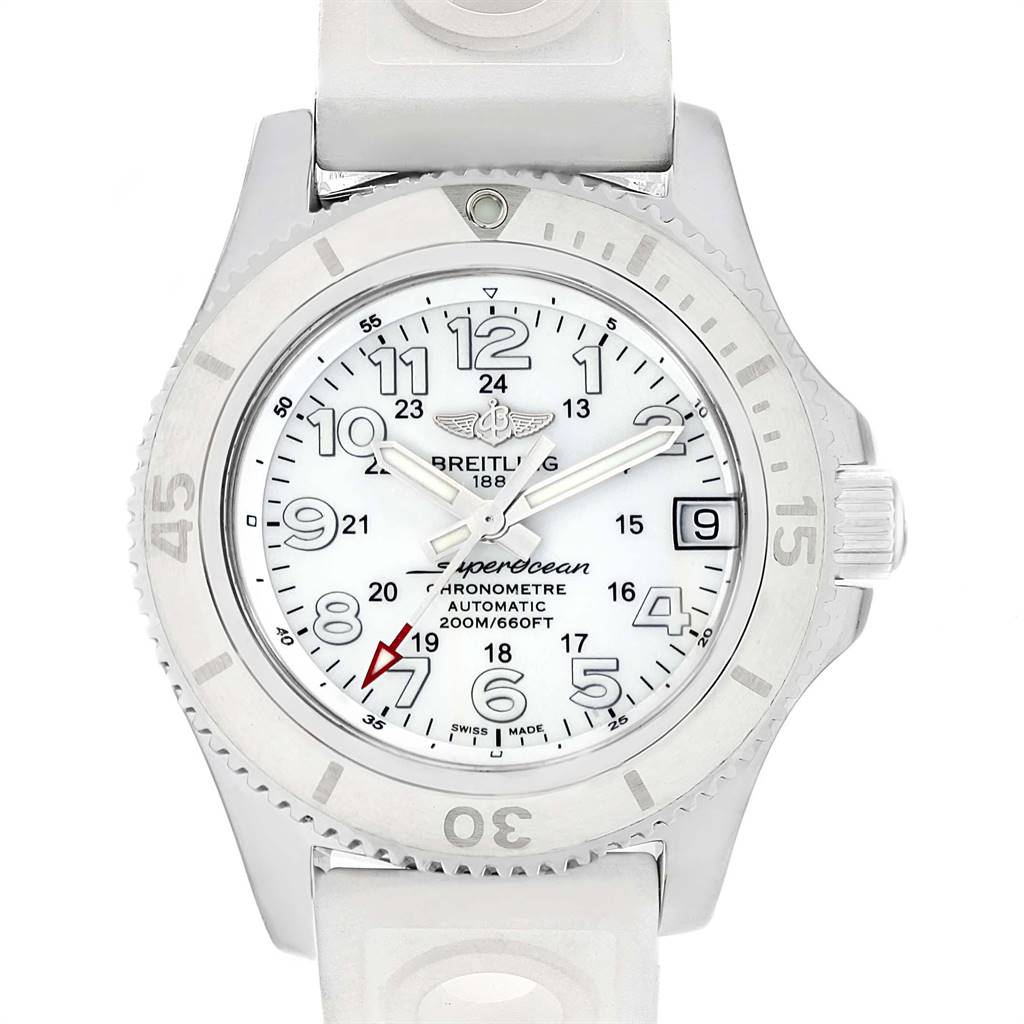 The Breitling A17312 Women's Stainless Steel White Dial A17312 Women's Stainless Steel White Dial Superocean II 36 Hurricane White Ladies Watch A17312 is shown from the front, displaying the dial, bezel, and part of the strap.
