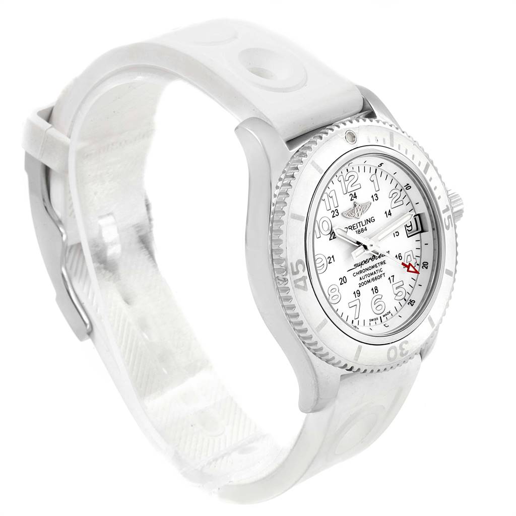 The Breitling A17312 Women's Stainless Steel White Dial A17312 Women's Stainless Steel White Dial Superocean II 36 Hurricane White Ladies Watch A17312 is shown from an angled side view highlighting the face, bezel, and strap.