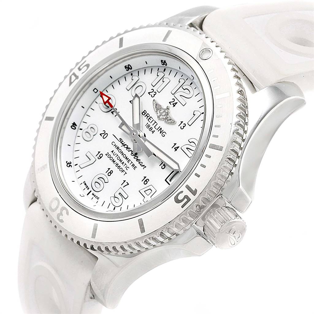 The image shows a close-up angle of the Breitling A17312 Women's Stainless Steel White Dial A17312 Women's Stainless Steel White Dial Superocean II 36 Hurricane White Ladies Watch A17312, displaying its dial, bezel, and part of the strap.