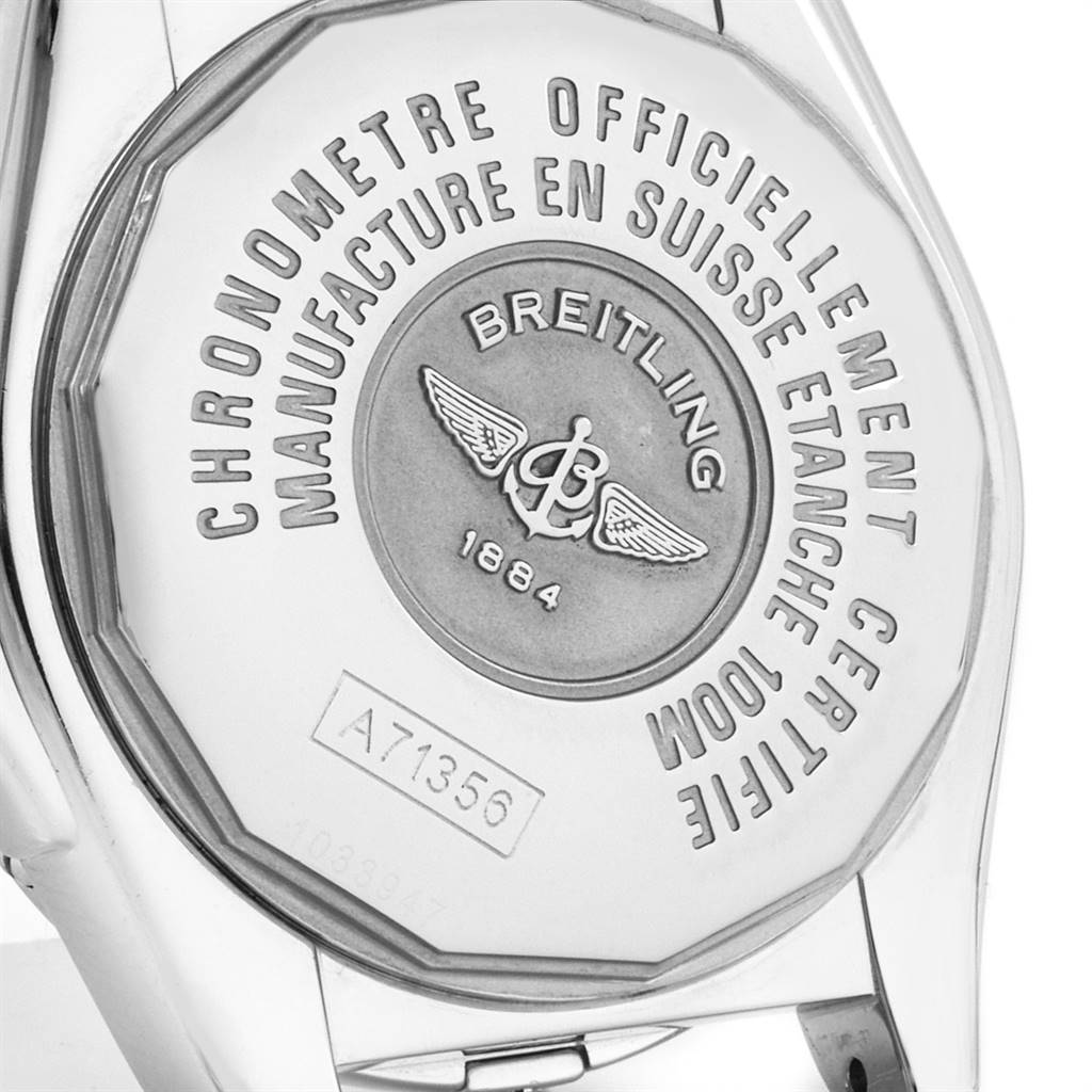 The image shows the case back of the Breitling A71356 Women
s Stainless Steel Mother of Pearl Dial A71356 Women
s Stainless Steel Mother of Pearl Dial Cockpit Mother of Pearl Diamond Ladies Watch A71356 model.