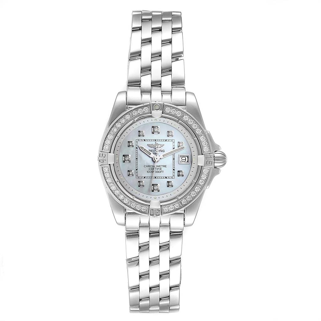 The image shows a Breitling A71356 Women
s Stainless Steel Mother of Pearl Dial A71356 Women
s Stainless Steel Mother of Pearl Dial Cockpit Mother of Pearl Diamond Ladies Watch A71356 from a top-down angle, displaying the dial, bezel, and bracelet.
