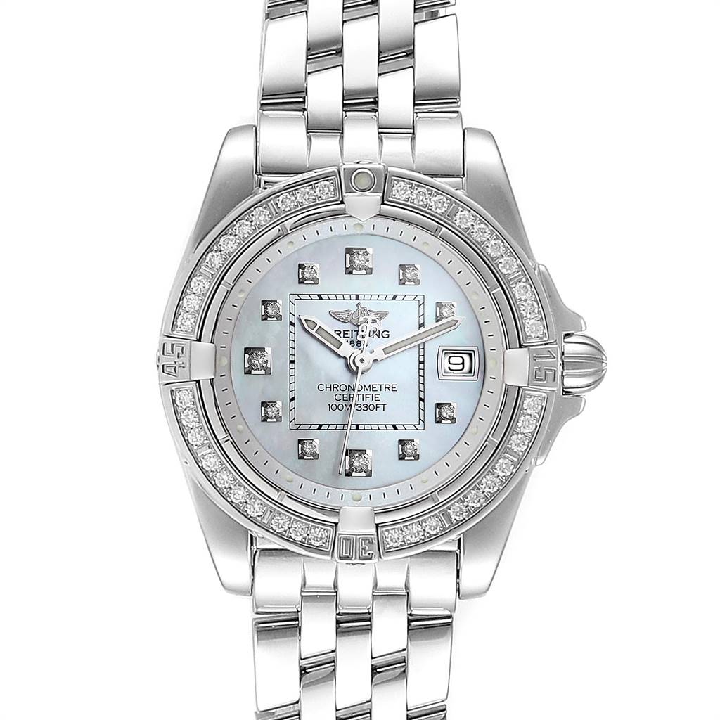 The image shows a front view of the Breitling A71356 Women
s Stainless Steel Mother of Pearl Dial A71356 Women
s Stainless Steel Mother of Pearl Dial Cockpit Mother of Pearl Diamond Ladies Watch A71356 model, highlighting the face, bezel, and bracelet.