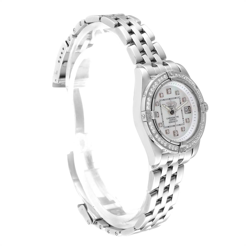 This image shows a Breitling A71356 Women
s Stainless Steel Mother of Pearl Dial A71356 Women
s Stainless Steel Mother of Pearl Dial Cockpit Mother of Pearl Diamond Ladies Watch A71356 model from a front angle, displaying the dial and bracelet.