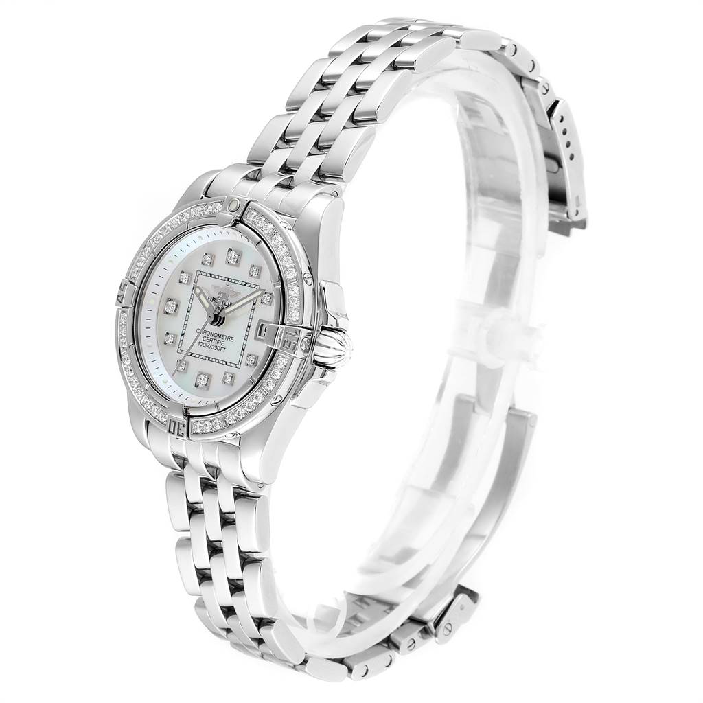 The image shows a Breitling A71356 Women
s Stainless Steel Mother of Pearl Dial A71356 Women
s Stainless Steel Mother of Pearl Dial Cockpit Mother of Pearl Diamond Ladies Watch A71356 at a slight angle, highlighting its face, bezel, and bracelet.