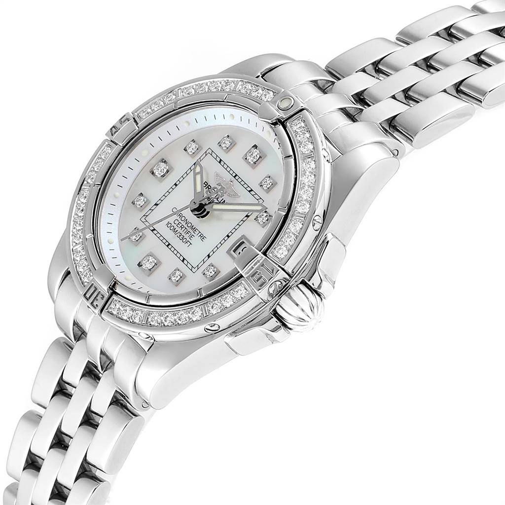 The image shows a front-side view of the Breitling A71356 Women
s Stainless Steel Mother of Pearl Dial A71356 Women
s Stainless Steel Mother of Pearl Dial Cockpit Mother of Pearl Diamond Ladies Watch A71356 model, highlighting its dial, bezel, and bracelet.