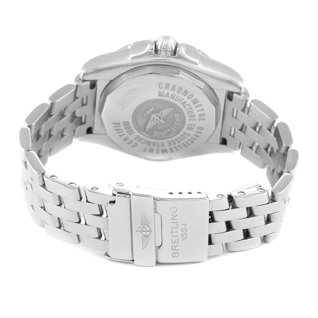 This image shows the back case and metallic bracelet of the Breitling A71356 Women
s Stainless Steel Mother of Pearl Dial A71356 Women
s Stainless Steel Mother of Pearl Dial Cockpit Mother of Pearl Diamond Ladies Watch A71356.