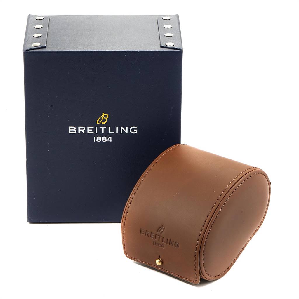 The image shows the packaging for a Breitling A71356 Women
s Stainless Steel Mother of Pearl Dial A71356 Women
s Stainless Steel Mother of Pearl Dial Cockpit Mother of Pearl Diamond Ladies Watch A71356, including a navy box and a brown leather case.