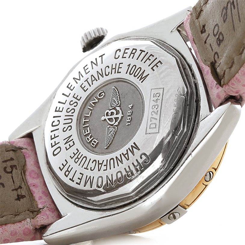 The image shows the back case and part of the strap of a Breitling D72345 Women's Stainless Steel Mother of Pearl Dial D72345 Women's Stainless Steel Mother of Pearl Dial Windrider Calisto Ladies Diamond Watch model D72345.
