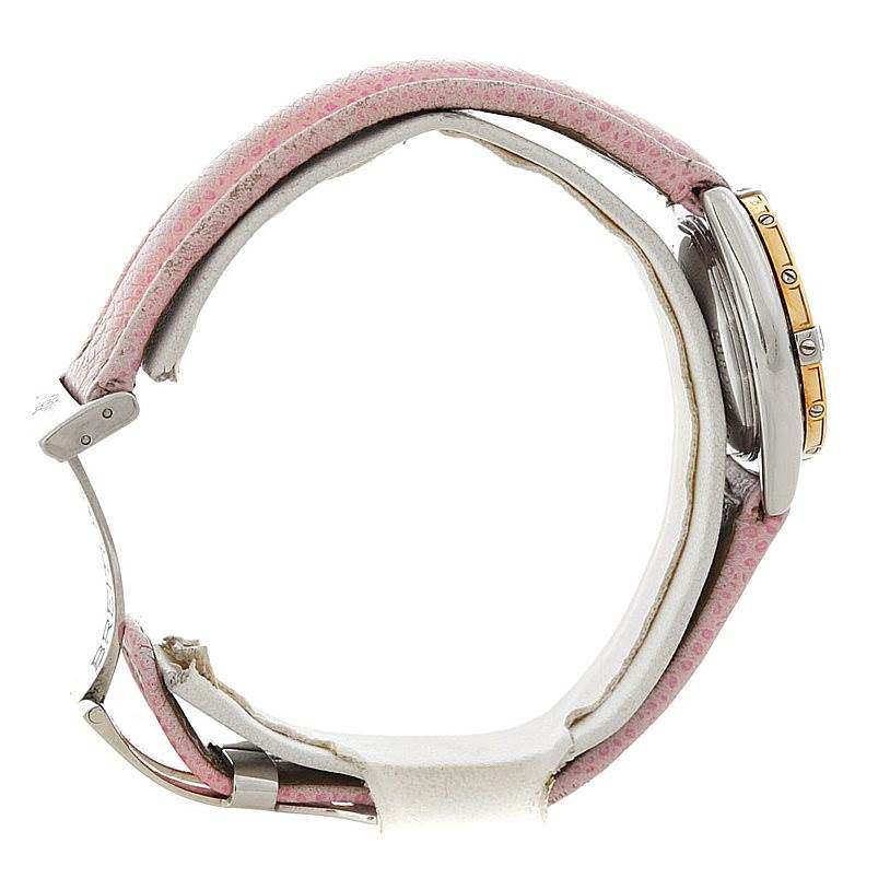 The image shows a side view of the Breitling D72345 Women's Stainless Steel Mother of Pearl Dial D72345 Women's Stainless Steel Mother of Pearl Dial Windrider Calisto Ladies Diamond Watch D72345, highlighting the case and pink strap.