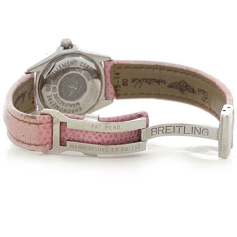 The image shows the back of the Breitling D72345 Women's Stainless Steel Mother of Pearl Dial D72345 Women's Stainless Steel Mother of Pearl Dial Windrider Calisto Ladies Diamond Watch D72345 model, including the case back and part of the pink leather strap with a clasp.