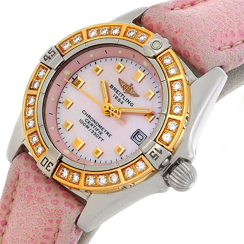 The Breitling D72345 Women's Stainless Steel Mother of Pearl Dial D72345 Women's Stainless Steel Mother of Pearl Dial Windrider Calisto Ladies Diamond Watch D72345 is shown at a slight angle, highlighting its dial, bezel, and part of the strap.