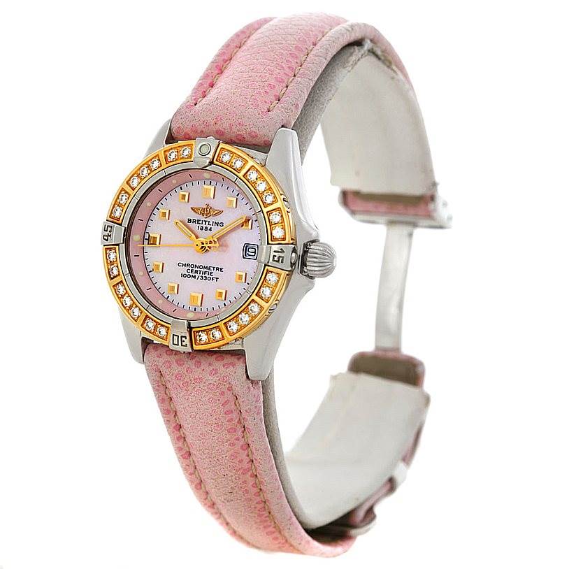 This Breitling D72345 Women's Stainless Steel Mother of Pearl Dial D72345 Women's Stainless Steel Mother of Pearl Dial Windrider Calisto Ladies Diamond Watch D72345 is shown angled from the left, highlighting the pink leather band and diamond bezel.