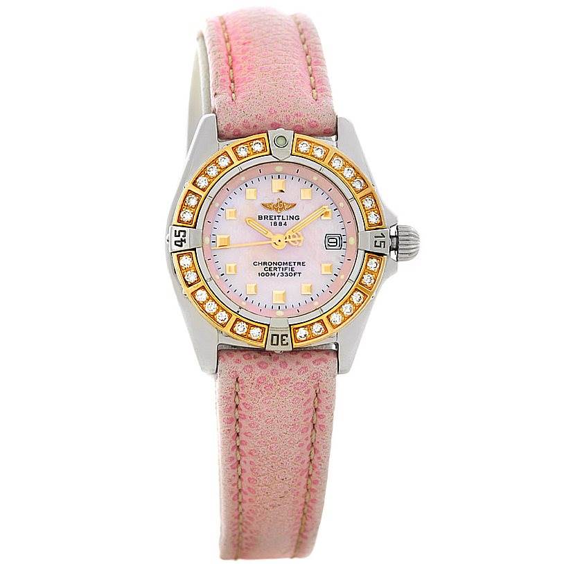 The Breitling D72345 Women's Stainless Steel Mother of Pearl Dial D72345 Women's Stainless Steel Mother of Pearl Dial Windrider Calisto Ladies Diamond Watch D72345 is shown from a front angle, displaying its face and pink strap prominently.