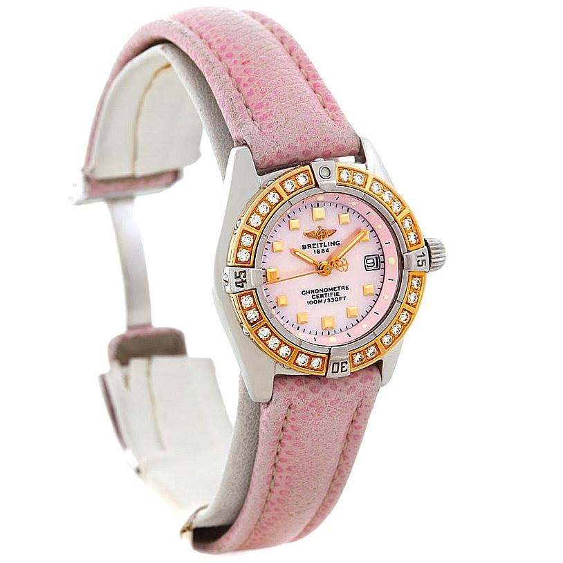 The image shows a Windrider Calisto Ladies Diamond Watch D72345 by Breitling D72345 Women's Stainless Steel Mother of Pearl Dial D72345 Women's Stainless Steel Mother of Pearl Dial from a frontal angle, highlighting its pink strap and diamond bezel.