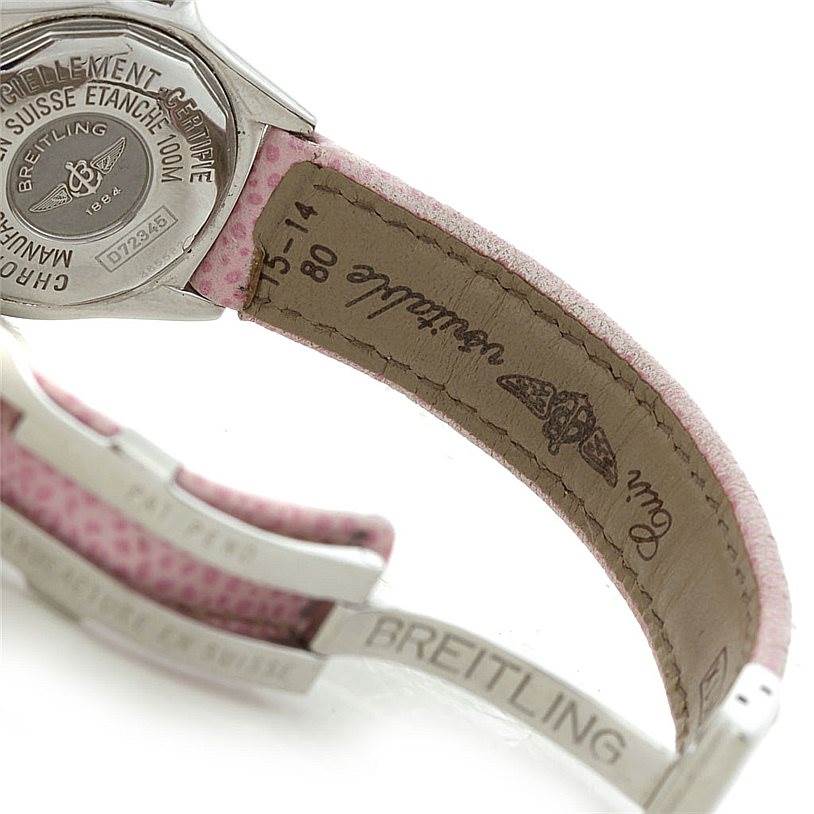 The image shows the back of a Breitling D72345 Women's Stainless Steel Mother of Pearl Dial D72345 Women's Stainless Steel Mother of Pearl Dial Windrider Calisto Ladies Diamond Watch D72345, highlighting the case back and inner band with branding.