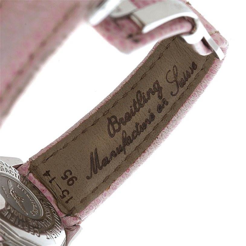 This image displays the back of a strap and caseback of a Breitling D72345 Women's Stainless Steel Mother of Pearl Dial D72345 Women's Stainless Steel Mother of Pearl Dial Windrider Calisto Ladies Diamond Watch D72345.