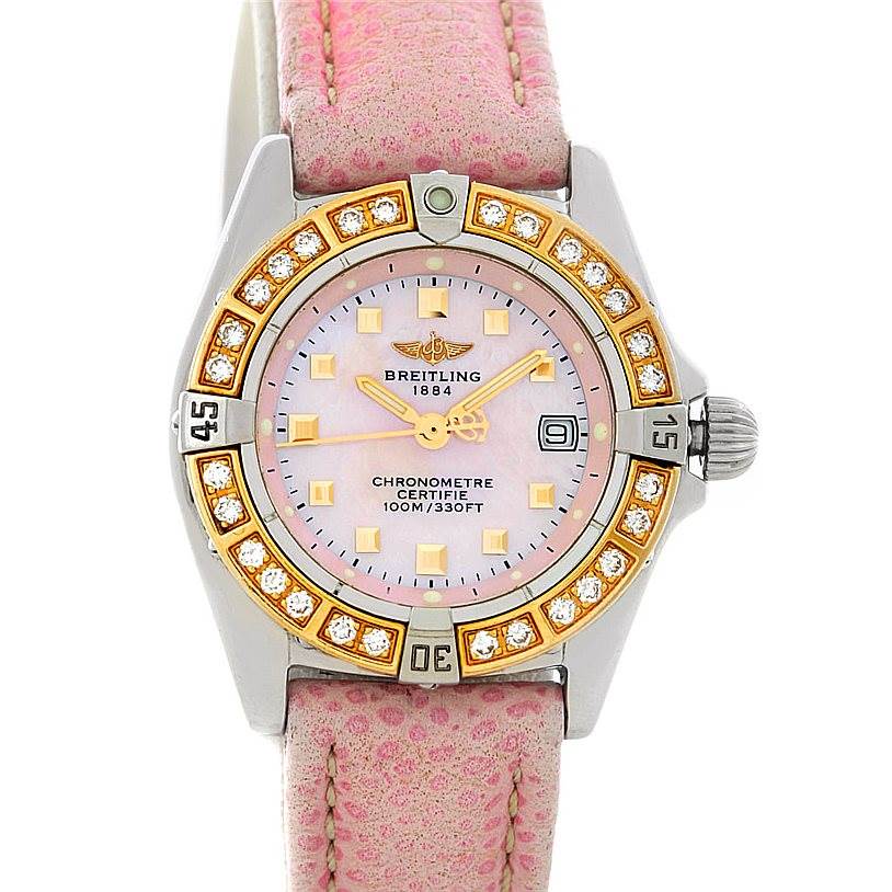 The Breitling D72345 Women's Stainless Steel Mother of Pearl Dial D72345 Women's Stainless Steel Mother of Pearl Dial Windrider Calisto Ladies Diamond Watch D72345 model is shown from the front, displaying its face, bezel, and strap.