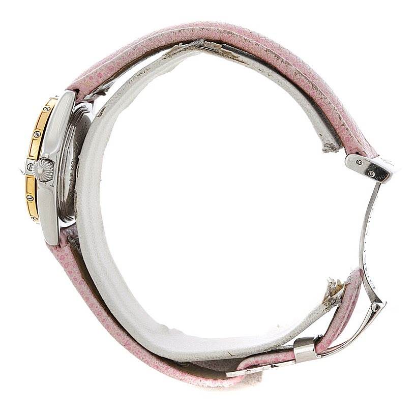 The image shows a side view of the Breitling D72345 Women's Stainless Steel Mother of Pearl Dial D72345 Women's Stainless Steel Mother of Pearl Dial Windrider Calisto Ladies Diamond Watch D72345 model, highlighting the case, crown, and strap.