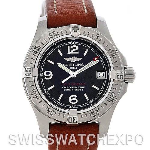 This Breitling A77380 Women's Stainless Steel Grey Dial A77380 Women's Stainless Steel Grey Dial Colt Oceane II Ladies Watch A77380 is shown from a front angle, displaying the bezel, dial, hands, and leather strap.