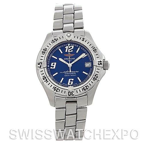 The image shows a front view of the Breitling A57350 Men's Blue Dial A57350 Men's Blue Dial Colt Oceane Ladies Watch A57350, displaying its blue dial, bezel, and metal bracelet.